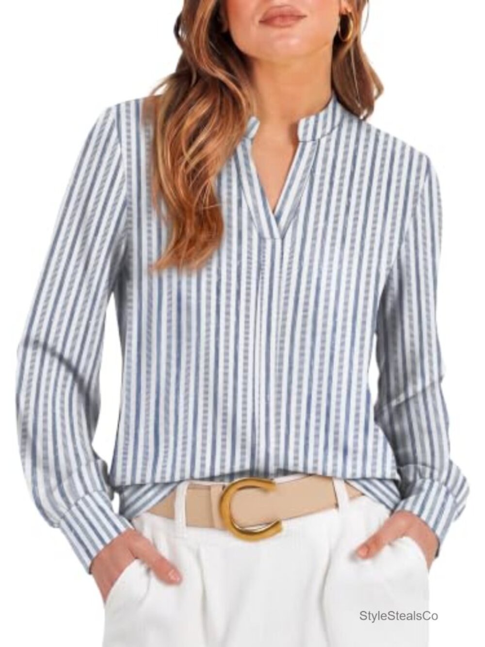 Women's Long Sleeve Blouse Business Casual V-Neck Office Top